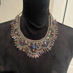 Chico's Multicolored Beaded Statement Necklace in Purple, Blue & Gold